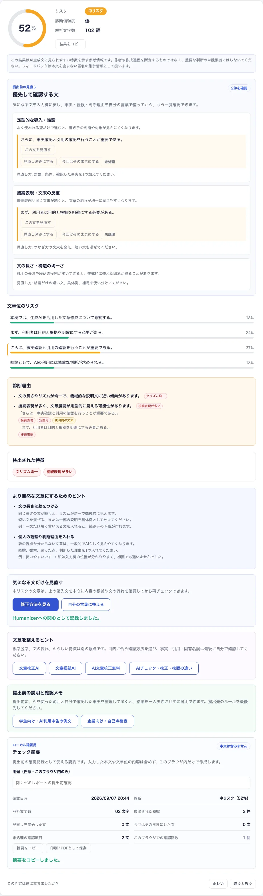 AI文章リスク診断の実際の結果画面。中リスクのスコア、優先して確認する文、見直し方、文単位のリスクが表示されている