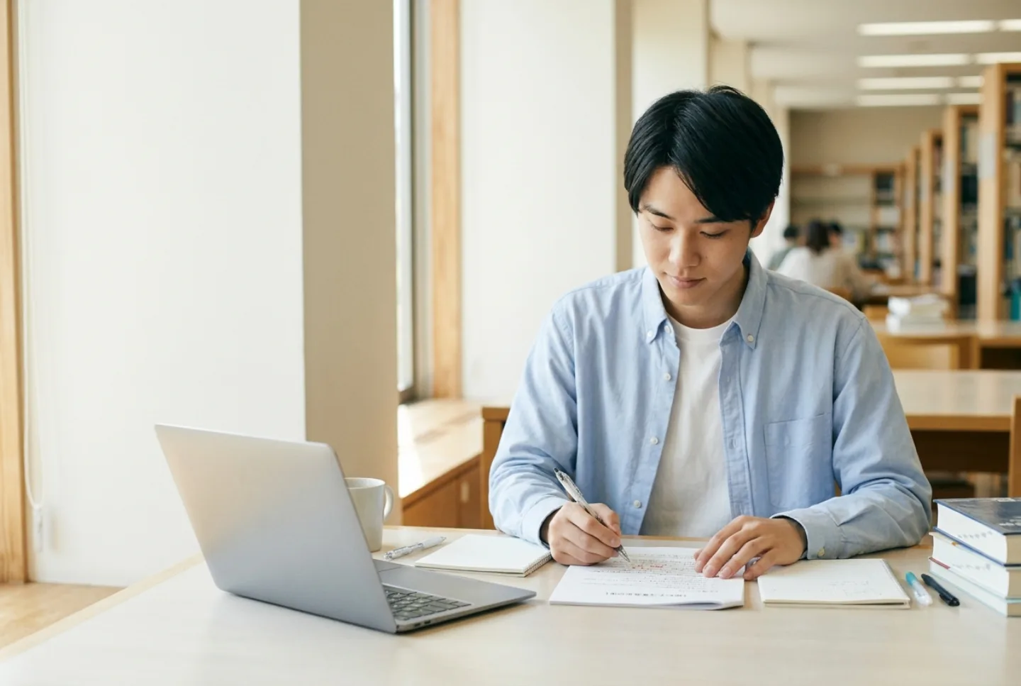 レポートを見直しながら提出前の確認をする学生